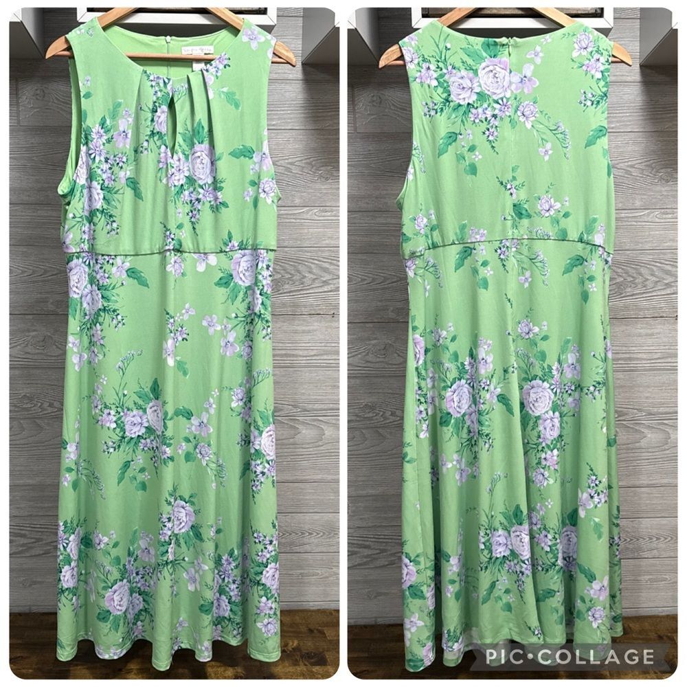 London Times Floral Keyhole Midi Dress Womens 18 Green Sleeveless Formal Zip